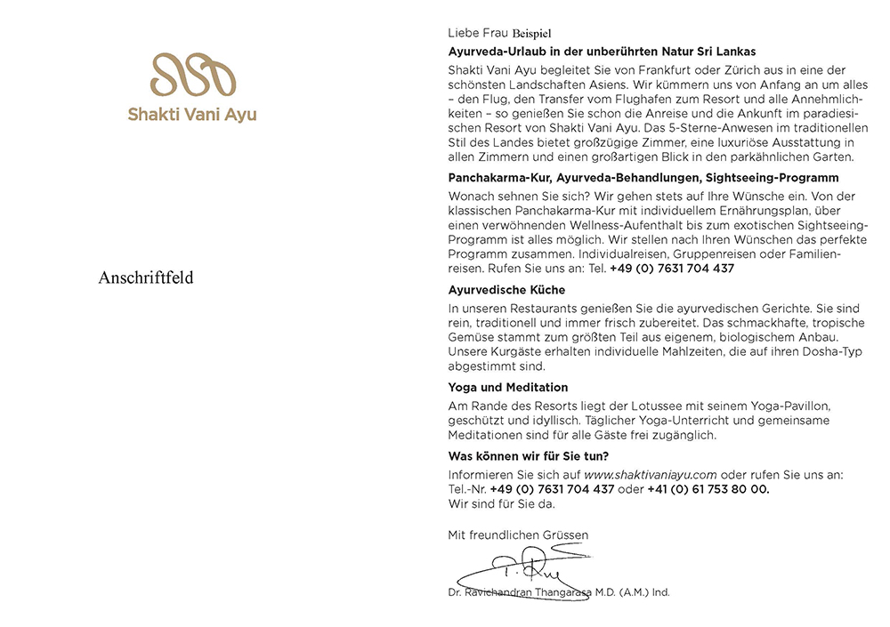 Postkarte Einladung ins Ayurveda Resort